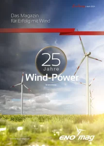 Titelbild des enomag: 25 Jahre Wind-Power by eno energy. Im Hintergrund sind drei Windenergieanlagen auf einer Wiese zu sehen.